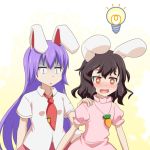  2girls :d animal_ears black_hair blush bunny_ears bunny_tail carrot_necklace cato_(monocatienus) commentary_request dress hand_on_another's_shoulder inaba_tewi light_bulb long_hair looking_away multiple_girls necktie open_mouth pink_dress puffy_short_sleeves puffy_sleeves purple_hair red_eyes red_neckwear reisen_udongein_inaba shirt short_hair short_sleeves simple_background smile tail touhou turn_pale white_shirt 