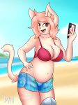  amputee beach belly big_breasts bikini bra breasts capri clothed clothing digital_media_(artwork) doxxyl feline female fur hair hand_on_hip mammal navel phone pink_hair prosthetic prosthetic_leg red_eyes seaside selfie shorts skimpy slightly_chubby smile swimsuit underwear voluptuous 