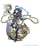  alice_(sinoalice) axe blue_hair chain cleavage_cutout expressionless eyebrows_visible_through_hair full_body fur_trim hair_ribbon hairband huge_weapon ji_no looking_at_viewer official_art orange_eyes parted_lips ribbon short_hair shoulder_armor sinoalice solo thighhighs torn_clothes torn_legwear weapon white_background 