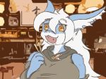  2018 animated anthro big_breasts bludragoon blue_fur breasts chopsticks clothed clothing crumbs dragon eating female fur furred_dragon hair huge_breasts open_mouth orange_eyes restaurant vant white_hair 