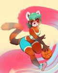  anthro basketball breasts clothed clothing female higgyy looking_at_viewer mammal patreon red_panda smile solo thick_thighs watermark wide_hips 