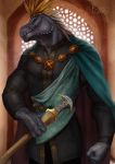  2018 anthro blue_eyes cape clothing crown dinosaur feathers grey_skin half_portrait holding_sword king looking_at_viewer male melee_weapon muscular muscular_male portrait royalty solo standing sword teeth thescarletartist weapon 
