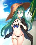  2drr :o beach bikini black_bikini blue_eyes blue_sky blush breasts cleavage cloud day green_hair hair_ornament hairclip hat kantai_collection leg_garter long_hair medium_breasts navel ocean sky solo standing straw_hat sun_hat swimsuit yamakaze_(kantai_collection) 