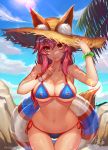  animal_ear_fluff animal_ears bead_bracelet beads bikini blue_bikini blue_sky bracelet breasts closed_mouth cloud commentary_request day ears_through_headwear eyebrows_visible_through_hair fate/grand_order fate_(series) finger_to_mouth fox_ears fox_tail hat index_finger_raised jewelry large_breasts looking_at_viewer navel orange_eyes patreon_username pink_hair qblade short_hair signature sky smile solo straw_hat sunlight swimsuit tail tamamo_(fate)_(all) tamamo_no_mae_(swimsuit_lancer)_(fate) 