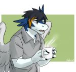  anthro beverage claws clei coffee cup dragon feathered_wings feathers male nameless00 solo windragon wings 