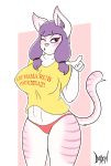  belly big_breasts breasts clothed clothing digital_media_(artwork) doxxyl feline female fur hair kissy_face looking_at_viewer mammal nipple_bulge one_eye_closed panties pointing_at_viewer purple_eyes simple_background skimpy stripes suggestive underwear voluptuous 