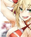  1girl absurdres arm_behind_head arm_up armpits bangs bikini blonde_hair blush board_game breasts cleavage clip_studio_paint close-up commentary criss-cross_halter eyebrows_visible_through_hair eyelashes fate/extra fate/grand_order fate_(series) go green_eyes halterneck head_out_of_frame highres huge_breasts looking_at_viewer nero_claudius_(fate)_(all) nero_claudius_(swimsuit_caster)_(fate) open_mouth smile solo steam striped striped_bikini sweat swimsuit teeth tongue wwwazxc 