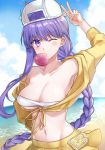  arm_up backwards_hat bangs bare_shoulders baseball_cap bb_(fate)_(all) bb_(swimsuit_mooncancer)_(fate) beach blue_sky blush braid breasts character_name cleavage cloud cloudy_sky collarbone commentary_request day eyebrows_visible_through_hair fate/grand_order fate_(series) front-tie_top hair_between_eyes hat horizon jacket large_breasts long_hair long_sleeves midriff navel ocean off_shoulder one_eye_closed outdoors pleated_skirt purple_eyes purple_hair sand shiao sidelocks single_braid skirt sky solo v v-shaped_eyebrows very_long_hair water white_hat yellow_jacket yellow_skirt 