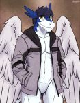  anthro bottomless clei clothed clothing dragon feathered_wings feathers featureless_crotch green_eyes jacket looking_at_viewer male nameless00 solo windragon wings 