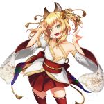  4690_(tkpbsk) animal_ear_fluff animal_ears asymmetrical_clothes bare_shoulders bell blonde_hair colored_eyelashes commentary_request cowboy_shot detached_sleeves fox_ears fox_girl fox_shadow_puppet fox_tail gold_trim green_eyes hair_bell hair_ornament highres long_hair looking_at_viewer original ribbon-trimmed_legwear ribbon-trimmed_thighhighs ribbon_trim simple_background skirt solo tail tassel thighhighs two_side_up white_background white_legwear wide_sleeves 