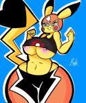  2019 anthro areola big_breasts breasts butt cosplay_pikachu female mask nic-m-lyc nintendo nipples pikachu pikachu_libre pok&eacute;mon pok&eacute;mon_(species) simple_background solo thick_thighs video_games 