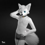  2018 3d_(artwork) anthro arctic_fox blue_eyes bulge canine clothing collar digital_media_(artwork) fox fur low_res male mammal pinup pose simple_background solo_focus trevir_(artist) trevir_(character) underwear white_fur 