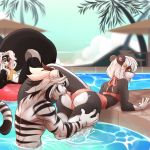  anthro being_watched big_butt bikini bite bulge butt clothed clothing crossdressing duo feline geekidog girly horn male male/male mammal muscular muscular_male outside skunk swimming_pool swimsuit thick_thighs tiger 