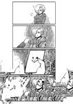  4koma :d absurdres bags_under_eyes card comic disgust earrings fourth_wall glitch greyscale hair_over_one_eye happy highres holding holding_card hood hoodie horror_(theme) idolmaster idolmaster_cinderella_girls jacy jewelry long_sleeves looking_at_another monochrome open_mouth playing_card poker_face shirasaka_koume short_hair smile sweatdrop what 