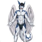  anthro bulge clei clothed clothing deessel dragon feathered_wings feathers looking_at_viewer male penis_outline smile solo topless windragon wings 