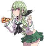  alternate_costume alternate_hairstyle anchovy black_neckwear blouse cross eating food girls_und_panzer green_hair green_skirt hair_over_shoulder highres long_hair long_sleeves miniskirt navel neckerchief ooarai_school_uniform pizza pleated_skirt red_eyes school_uniform serafuku simple_background single_stripe skirt solo twintails white_background white_blouse yamashita_shun'ya 