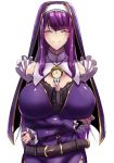  arms_under_breasts belt breast_hold breasts brown_belt center_frills cleavage closed_eyes commentary_request commission crossed_arms dress facing_viewer gold_trim habit highres huge_breasts jewelry kayamayukihiro long_hair loose_belt necklace original purple_dress purple_hair solo standing transparent_background upper_body white_headband 