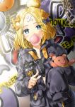  abigail_williams_(fate/grand_order) balloon bangs black_bow black_jacket blonde_hair blue_eyes blush bow bubble_blowing caution_tape chain chewing_gum commentary_request crossed_bandaids dutch_angle eyebrows_visible_through_hair fate/grand_order fate_(series) fingernails graffiti h_shai hair_bow hair_bun heroic_spirit_traveling_outfit holding holding_balloon jacket keep_out key long_hair long_sleeves looking_at_viewer object_hug orange_bow parted_bangs partially_unzipped pointing pointing_at_viewer polka_dot polka_dot_bow sleeves_past_fingers sleeves_past_wrists solo star stuffed_animal stuffed_toy teddy_bear tentacles zipper 