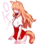  1girl ;d animal_ears ass commentary_request cowboy_shot fate/grand_order fate_(series) fox_ears fox_tail from_side futanari hakama_skirt higata_akatsuki holding holding_penis long_hair looking_at_viewer nimji one_eye_closed open_mouth orange_eyes orange_hair panties panty_pull penis pulled_by_self red_scrunchie scrunchie simple_background smile solo suzuka_gozen_(fate) tail third-party_edit uncensored underwear white_background wrist_scrunchie 