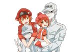  2girls :d ae-3803 ahoge anime_coloring baseball_cap black_eyes cabbie_hat carrying child dress dual_persona erythroblast_(hataraku_saibou) gloves hat hataraku_saibou looking_back multiple_boys multiple_girls myelocyte_(hataraku_saibou) official_style open_mouth pale_skin pinafore_dress pom_pom_(clothes) red_blood_cell_(hataraku_saibou) red_hair shikikawa_(skkw76) shirt short_hair simple_background smile t-shirt time_paradox u-1146 v white_background white_blood_cell_(hataraku_saibou) white_hair yellow_eyes younger 