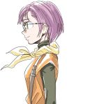  breasts chrono_trigger closed_mouth commentary from_side glasses green_eyes looking_away lucca_ashtear profile purple_hair s-a-murai scarf short_hair simple_background smile solo upper_body white_background 