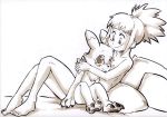 2018 bed black_sclera breasts chibi daigaijin digimon embarrassed female fluffy hair hug human mammal nude pillow renamon rika_nonaka small_breasts smile traditional_media_(artwork) young 