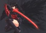  armor black_hair boots commentary_request drill_(emilio) fighting_stance gauntlets katana long_hair mature miniskirt negative_space ootachi raven_branwen red_eyes rwby skirt sword thigh_boots thighhighs weapon 