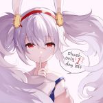  animal_ears azur_lane bangs blush breasts bunny_ears collarbone commentary countdown eyebrows_visible_through_hair finger_to_mouth floating_hair hair_between_eyes hair_ornament hairband highres jacket laffey_(azur_lane) long_hair long_sleeves looking_at_viewer red_eyes red_hairband shushing sidelocks silver_hair simple_background solo twintails uhouho14 upper_body very_long_hair white_background wind 