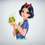  apple artist_name bare_shoulders black_hair bow brown_eyes contemporary curly_hair food fruit grey_background grin hair_bow lipstick looking_at_viewer makeup nudtawut_thongmai poison_apple red_bow shirt short_hair signature simple_background smile snow_white_(disney) snow_white_and_the_seven_dwarfs solo wreck-it_ralph 