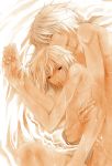  00s 2boys bed blonde_hair brown_eyes eyes_closed from_above highres hug lying male_focus multiple_boys nude on_side sakura_ashika sensitive_pornograph silver_hair sweat yaoi 