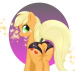  2016 alpha_channel animal_genitalia animal_pussy anus applejack_(mlp) blonde_hair butt canister_(artist) clitoris clothing crotchless_panties cute cutie_mark earth_pony equine equine_pussy eyebrows eyelashes female feral freckles friendship_is_magic green_eyes hair hi_res hooves horse long_hair looking_back mammal mostly_nude my_little_pony open_mouth open_smile panties pony presenting presenting_hindquarters presenting_pussy puffy_anus purple_background pussy rear_view simple_background smile solo sparkles tail_wraps teeth tongue transparent_background underwear wraps 