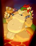  2018 4_fingers anthro balls bedroom_eyes beige_penis biceps bowser bowser_day bracelet claws clenched_teeth collar cup dripping eyebrows flaccid front_view green_skin hair half-closed_eyes hi_res holding_object horn humanoid_hands humanoid_penis javkiller jewelry koopa lava looking_at_viewer male mario_bros multicolored_skin nintendo nude pecs penis red_eyes red_hair relaxing reptile scalie seductive sharp_claws sharp_teeth shell simple_background sitting slightly_chubby smile snout solo spiked_bracelet spiked_collar spiked_shell spikes spread_legs spreading tan_balls tan_horn tan_skin teeth thick_thighs turtle uncut vein veiny_penis video_games yellow_skin 