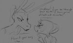  2017 anthro bat dialogue duo dusk_(tabuley) english_text equine eye_contact female fruit_bat grey_background gwen_(zaggatar) hair horn looking_at_another mammal monochrome simple_background sketch smile tabuley text unicorn unicorn_horn 
