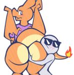  2018 aimbot-jones anon anthro big_butt blush bottomless butt butt_hug charizard clothed clothing digital_media_(artwork) dragon duo eyelashes eyewear fangs female hand_on_butt larger_female looking_back male nintendo pok&eacute;mon pok&eacute;mon_(species) pok&eacute;morph shirt simple_background size_difference smaller_male sunglasses thick_thighs valentina_(aimbot-jones) video_games white_background wide_hips wings 