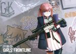 ar-15 black_gloves blue_eyes blue_hair brown_hair character_name closed_mouth copyright_name fingerless_gloves girls_frontline gloves graffiti gun highres holding holding_gun holding_weapon idw_(girls_frontline) jacy lee-enfield_(girls_frontline) looking_at_viewer rifle short_hair short_twintails sniper_rifle solo st_ar-15_(girls_frontline) twintails wanted weapon 