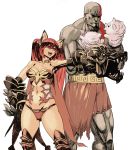 1girl absurdres animal_ears archvermin bald bare_shoulders breasts cerberus_(shingeki_no_bahamut) crossover dog_ears god_of_war hand_puppet highres kratos long_hair medium_breasts muscle navel open_mouth puppet red_eyes red_hair shingeki_no_bahamut standing tattoo thighhighs twintails very_long_hair weapon 