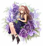  alternate_costume ankle_strap bangs black_footwear black_nails blush boots brown_hair casual crossed_bangs dress flower full_body girls_frontline hair_between_eyes hair_ornament high_heel_boots high_heels holding holding_flower layered_dress long_hair looking_at_viewer nail_polish one_side_up purple_dress scar scar_across_eye scarf sidelocks silence_girl sitting sleeveless sleeveless_dress smile solo ump45_(girls_frontline) wristband yellow_eyes 