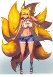  absurd_res amber_eyes animal_humanoid belt blonde_hair breasts canid canid_humanoid canine canine_humanoid cleavage clothed clothing female fluffy fluffy_tail fox_humanoid fur gradient_background green_eyes hair hand_on_head heterochromia hi_res humanoid leonat long_hair looking_at_viewer mammal multi_tail navel side_boob simple_background skimpy solo standing suntan tan_line tongue tongue_out white_fur yellow_fur 
