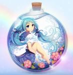  barefoot blue_eyes blue_hair bottle bottle_miku flower from_side full_body hair_ribbon hatsune_miku in_container knees_up leg_hug liquid_hair long_hair longestdistance looking_at_viewer peony_(flower) plantar_flexion ribbon sailor_collar solo submerged twintails very_long_hair vocaloid 