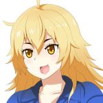  ahoge blonde_hair character_request commentary copyright_request hair_between_eyes long_hair open_mouth shadow smile solo upper_body white_background yellow_eyes yuureidoushi_(yuurei6214) 