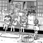  6+girls akebono_(kantai_collection) basin box bunny chibi electric_fan food fruit glasses greyscale hose kantai_collection long_hair makigumo_(kantai_collection) monochrome multiple_girls nobuyoshi-zamurai oboro_(kantai_collection) okinami_(kantai_collection) old_man pleated_skirt sazanami_(kantai_collection) school_uniform serafuku short_hair sitting skirt ushio_(kantai_collection) water watermelon 