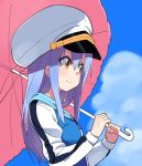  bangs blue_hair blue_jacket blue_sky blush brown_eyes closed_mouth cloud commentary day english_commentary eyebrows_visible_through_hair hair_between_eyes hat holding holding_umbrella hood hood_down hooded_jacket island_(game) jacket long_hair long_sleeves looking_away ohara_rinne outdoors peaked_cap pink_umbrella sky smile solo tonmoh umbrella white_hat 
