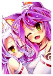  :3 animal_ear_fluff animal_ears bare_shoulders blue_hair blush breasts cat_ears closed_mouth commentary_request detached_sleeves fang gradient_hair happy japanese_clothes jibril_(no_game_no_life) kemonomimi_mode large_breasts long_hair md5_mismatch messy_hair miko mimi0846 multicolored_hair multiple_girls no_game_no_life one_eye_closed open_mouth purple_hair shiro_(no_game_no_life) smile tattoo very_long_hair yellow_eyes 