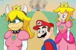  2018 alternate_species angry anthro being_watched blonde_hair castle clothing crown digitalspaz ear_piercing facial_hair female gloves hair hat hi_res horn human koopa long_hair male mammal mario mario_bros meme nintendo piercing princess_koopa princess_peach scalie smoke video_games 