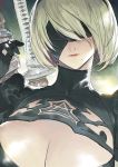  absurdres black_blindfold black_dress black_hairband blindfold breasts cleavage cleavage_cutout closed_mouth covered_eyes devon_pan dress facing_viewer gloves hairband hand_up high_collar highres katana large_breasts mole mole_under_mouth nier_(series) nier_automata pink_lips silver_hair sword sword_behind_back weapon yorha_no._2_type_b 