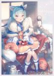  animal animal_ears bangs bench blue_capelet blue_hair blue_ribbon boots brown_skirt burning candle capelet commentary cup drinking_straw fire food fox fox_ears fox_girl fox_tail fur-trimmed_capelet fur_trim hair_between_eyes hair_ribbon highres holding holding_cup lantern long_sleeves looking_at_viewer marshmallow mug original outdoors parted_lips rapueru red_eyes ribbon sitting skirt solo steam striped tail teapot twitter_username upper_teeth vertical_stripes white_footwear wide_sleeves window wooden_floor wooden_wall 