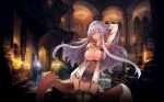  absurdres alchemy book bookshelf breasts cleavage collarbone dress garter_straps hair_between_eyes hand_on_head hand_on_thigh highres huge_filesize isabelle_(shadowverse) large_breasts lavender_eyes lavender_hair long_hair looking_at_viewer magic_circle official_art open_mouth potion shadowverse shiny shiny_skin solo source_request standing teddy_(khanshin) thighs third-party_edit 