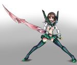  adapted_costume anglerfish bangs black_footwear boots breasts commentary_request cosplay frown full_body garter_straps girls_und_panzer gloves gradient gradient_background green_panties green_skirt grey_background headgear headphones high_heel_boots high_heels highres holding holding_sword holding_weapon kill_la_kill looking_at_viewer medium_breasts midriff navel nishizumi_miho ooarai_school_uniform open_mouth panties parody pauldrons school_uniform senketsu senketsu_(cosplay) serafuku shadow short_hair shrug_(clothing) skirt solo spread_legs standing style_parody suspenders sword thigh_boots thighhighs two-handed underboob underwear v-shaped_eyebrows wani02 weapon white_gloves 