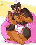  anthro bean_bag blep canine card diaper dog lilchu looking_at_viewer magic_the_gathering male mammal playing_card rottweiler sitting tongue tongue_out 
