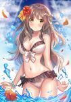  ame_sagari bikini blue_sky breasts brown_eyes brown_hair cloud cowboy_shot day flower frilled_bikini frills front-tie_top hair_flower hair_ornament hibiscus highres long_hair medium_breasts original outdoors sky solo splashing swimsuit water white_bikini 